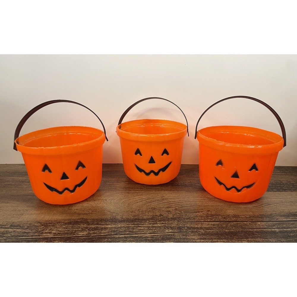 Lot Of 3 Vintage 5" Bright Orange Pumpkin Pails Buckets Jack O Lanterns